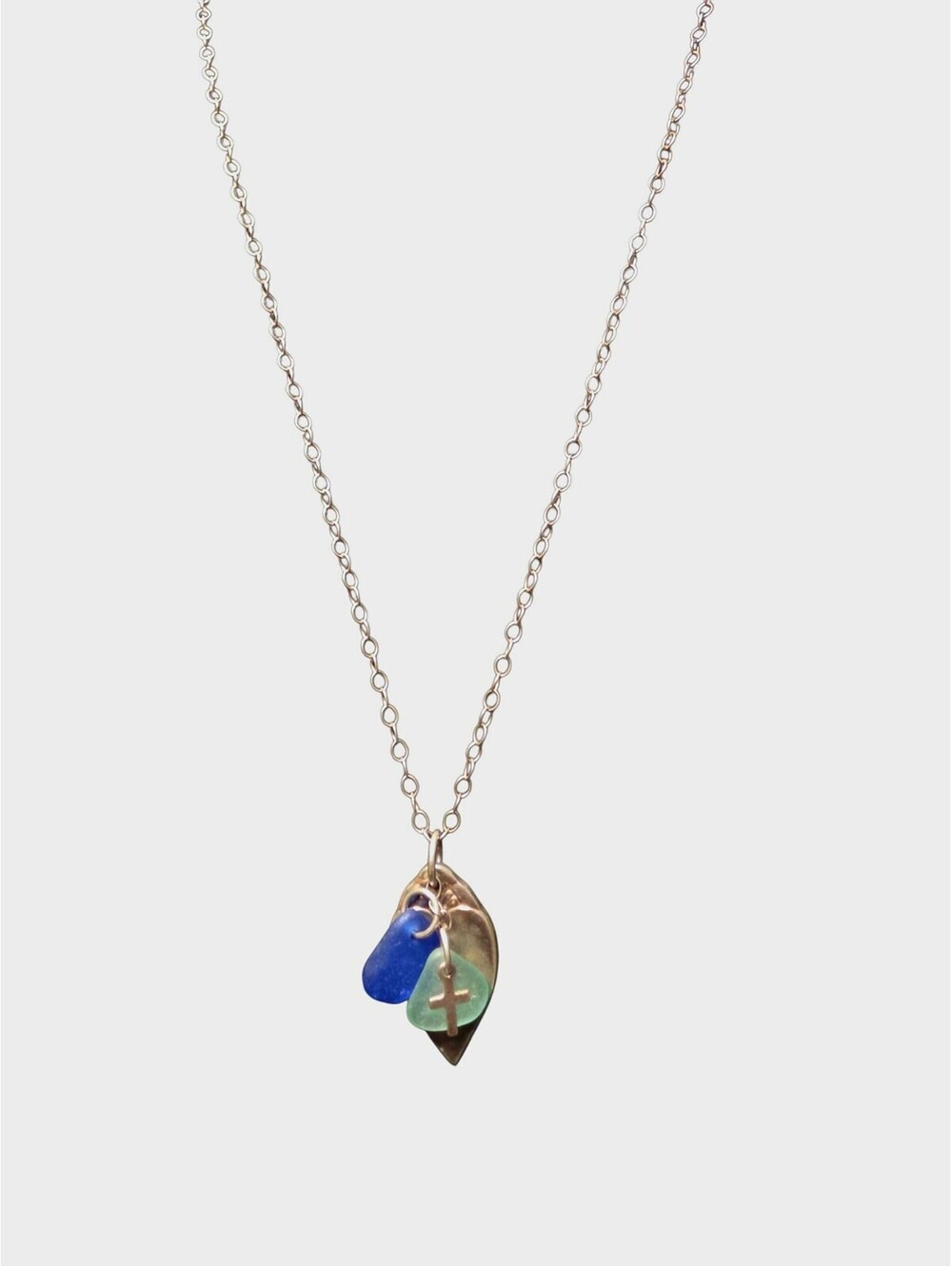 Handmade Sea Glass Cross Necklace 925 Spoon Pendant Blue Beach Glass Artisan